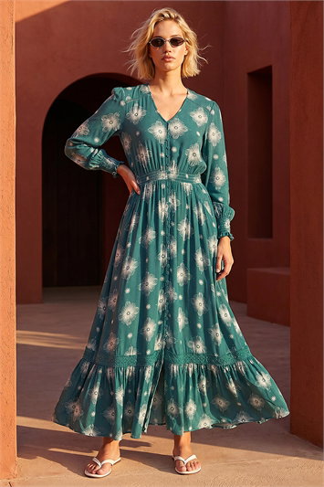 Green Floral Lace Trim Midi Dress