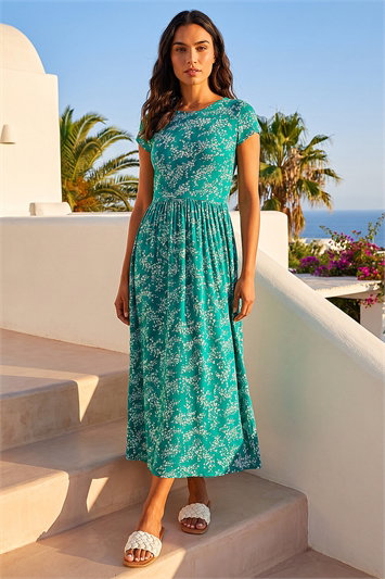 Ditsy Gathered Skirt Stretch Midi Dress 14361334