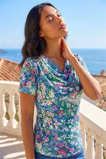 Blue Floral Print Cowl Neck Stretch Top