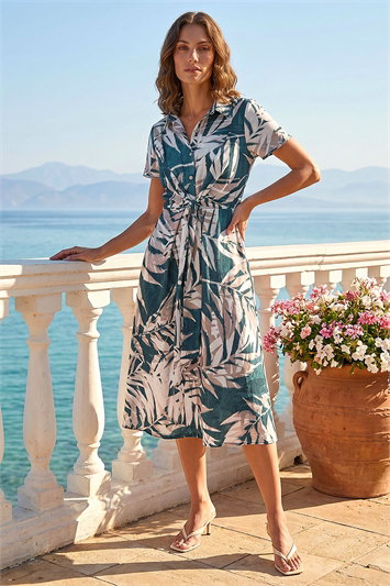 Petite Leaf Print Tie Midi Dress 14845408
