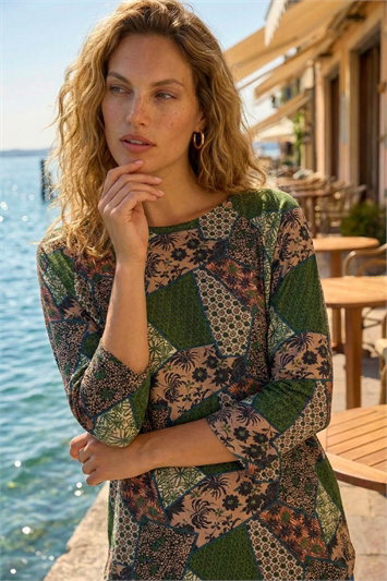 Green Floral Patchwork Stretch Top