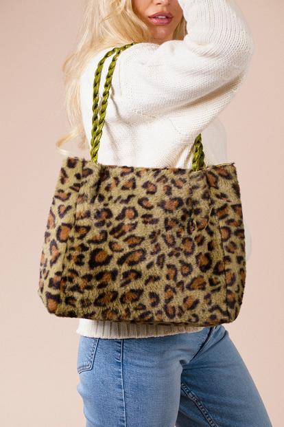 Green Leopard Faux Fur Tote