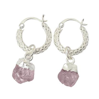 Metallic Raw Rose Quartz October Birthstone Huggie Hoops Sterling Silver Gemstone Earrings