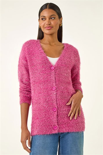 Pink Buttoned Tinsel Knit Cardigan