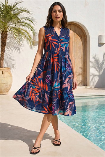 Blue Leaf Print V-Neck Tiered Dress