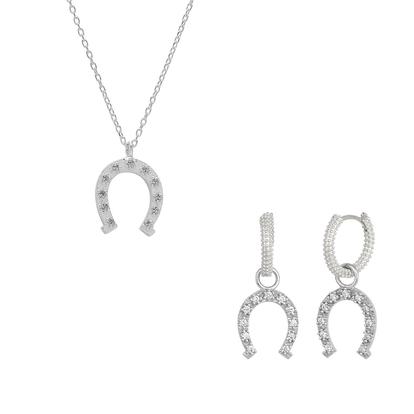 Metallic Sterling Silver Horseshoe Equestrian Necklace & Earring Set