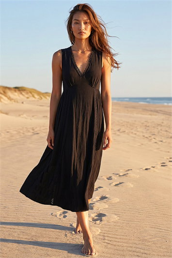 Lace Trim V-Neck Midi Dress 14888908