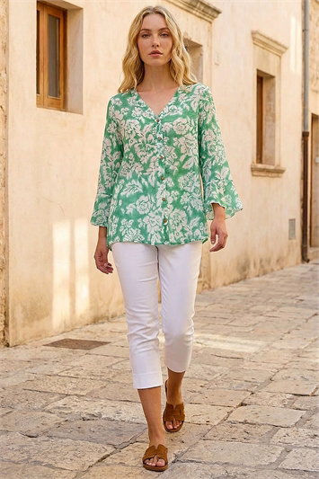 Green Floral Print Flare Sleeve Blouse