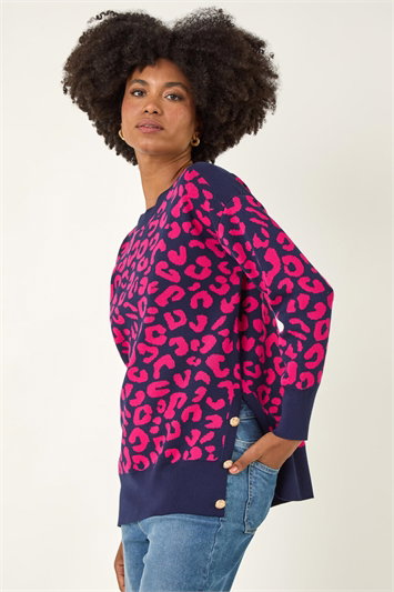 Pink Animal Print Button Knit Jumper