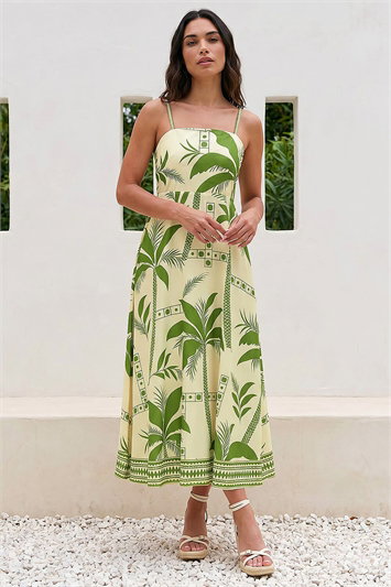 Green Strappy Palm Print Midi Dress
