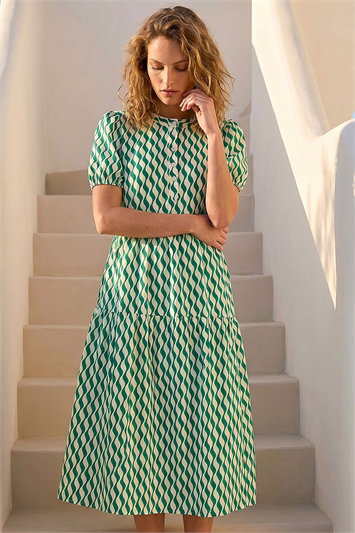 Green Geo Print Button Shirt Midi Dress