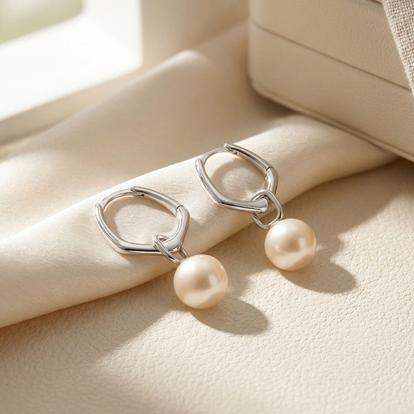 Metallic Elegant Sterling Silver Basket Weave Hoop Earrings With Freshwater Pearl Charm