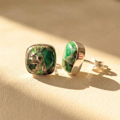 Metallic Emerald May Birthstone Sterling Silver Stud Earrings