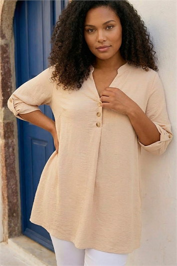 White Curve Textured Buttoned Tunic Top