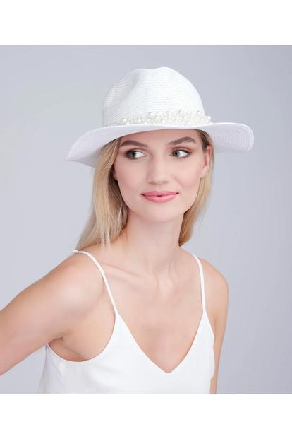 White Verity - Pearl Trim Straw Fedora - White