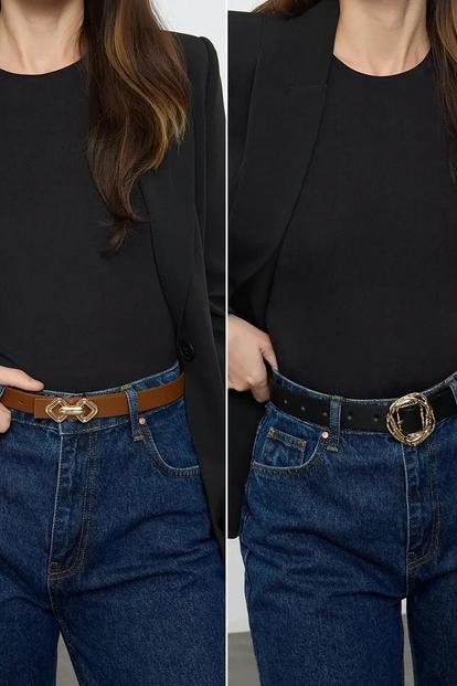 Multi Double Pack Statement Buckle Women’S Slim Belt Set