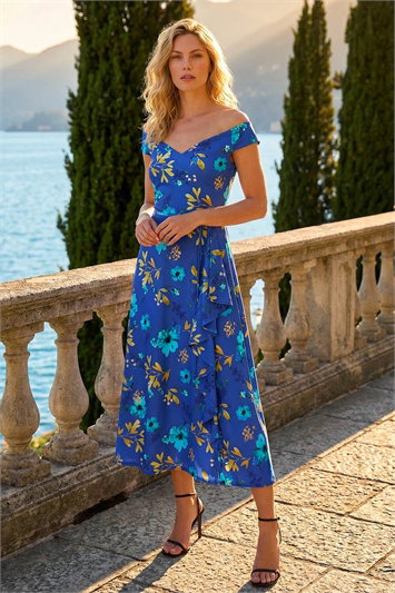 Blue Floral Print Bardot Ruffle Stretch Dress