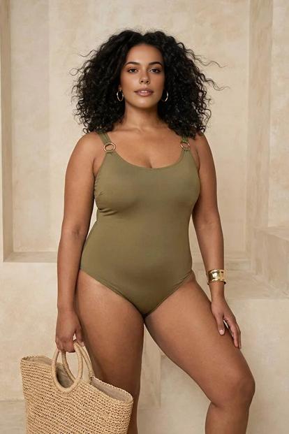 Green Ring Detail Scoop Neck Classic Swimsuit