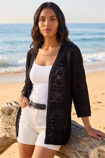 Black 3/4 Sleeve Stitch Detail Cardigan