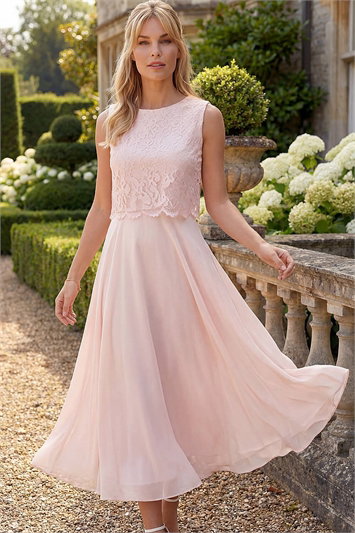 Petite Chiffon Overlay Lace Midi Dress 14535246
