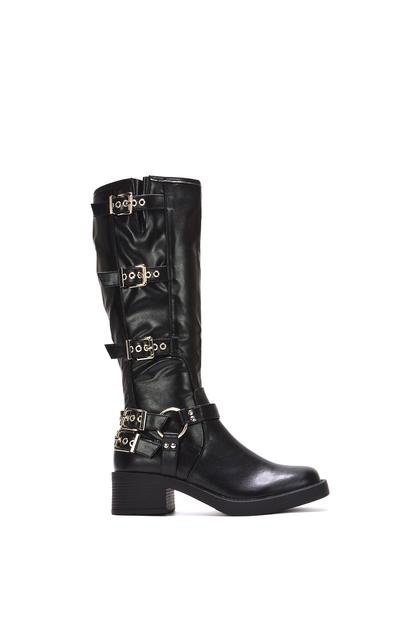 Black 'Cobra' Harness Square Toe Knee High Biker Boots