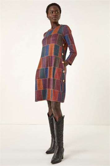 Red Patchwork Button Swing Dress