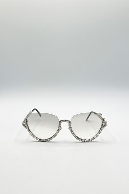 Metallic Upper Rimless Pearl Sunglasses In Silver Grey