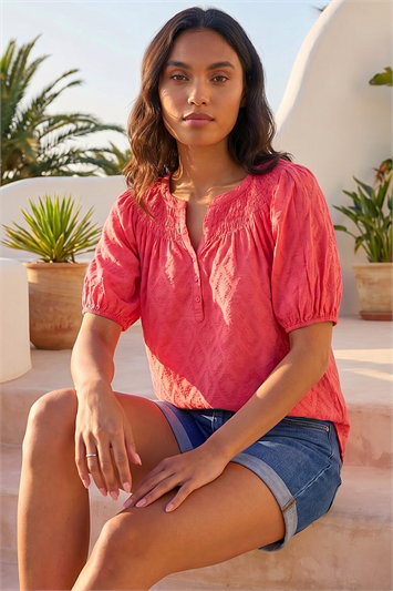 Red Shirred Neck Textured Top
