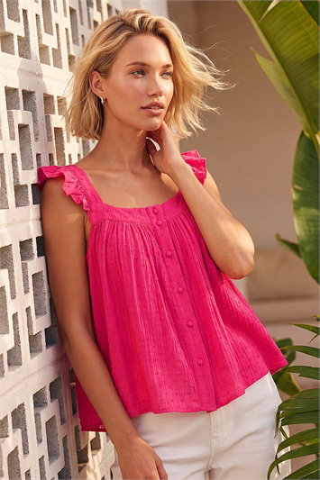 Pink Textured Frill Sleeve Cami Top