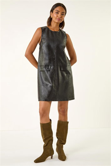 Black Faux Leather Pocket Detail Dress
