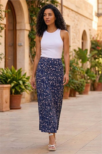 Blue Floral Print Elastic Waist Midi Stretch Skirt
