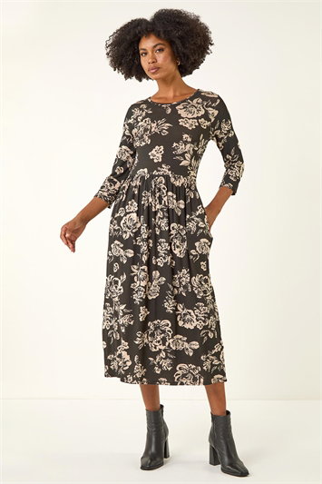 Floral Pocket Stretch Midi Dress 14465208