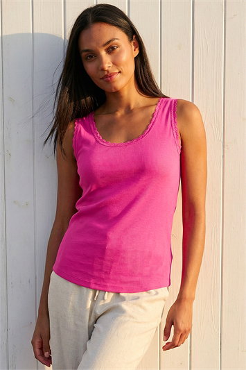 Pink Lace Trim Ribbed Vest Top
