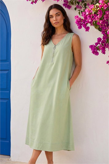 Green Zip Front Sleeveless Midi Dress
