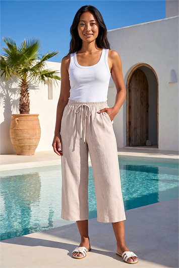 White Petite Linen Blend Wide Cropped Trousers