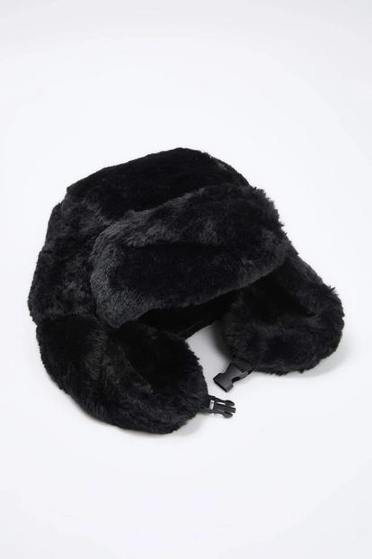 Black Faux Fur Buckle Detail Trapper Hat