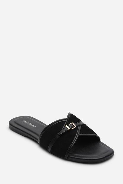 Black Cevora Cross Over Buckle Slide On Sandal