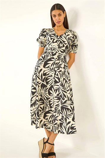 Black Abstract Print Button Midi Dress
