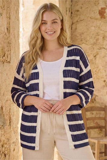 Blue Curve Stripe Crochet Knit Cardigan