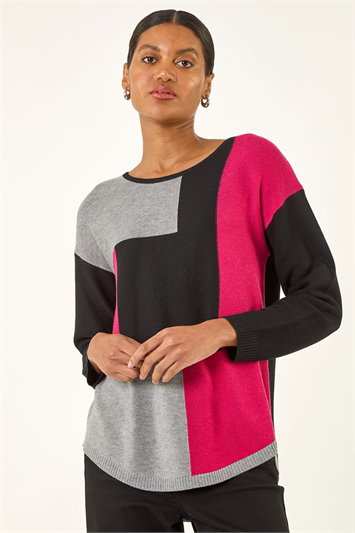 Black Ribbed Colour Block Knit Jumper