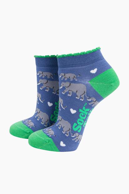 Blue Baby Elephants Bamboo Trainer Socks In Blue