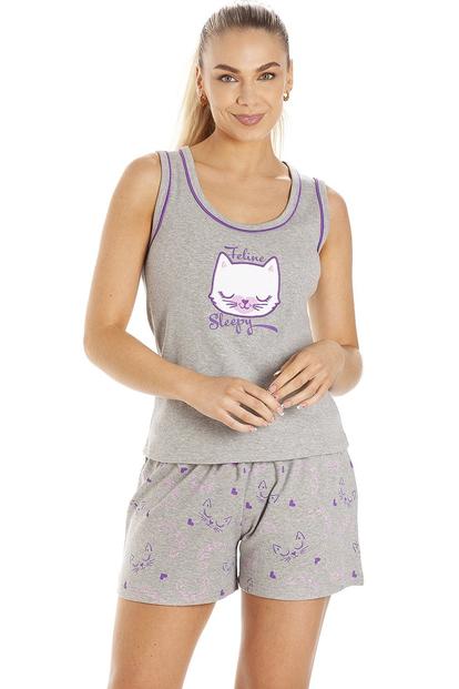 Purple Cat Motif Short Cotton Pyjama Set