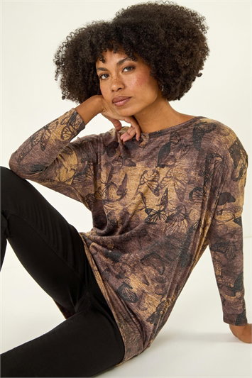 Brown Butterfly Print Snit Top