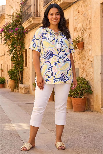 Yellow Curve Abstract Print Gathered Top