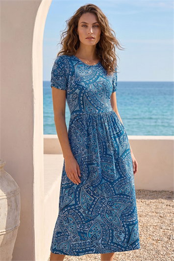 Blue Petite Paisley Print Gathered Midi Dress