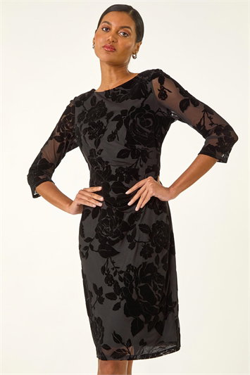 Black Floral Flock Pleat Detail Dress