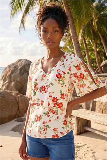 Red Floral Print Angel Sleeve Top