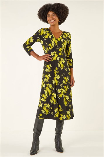 Yellow Floral Print Buttoned Midi Dress