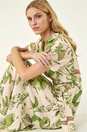 Green Floral Tie Waist Shirt Dress