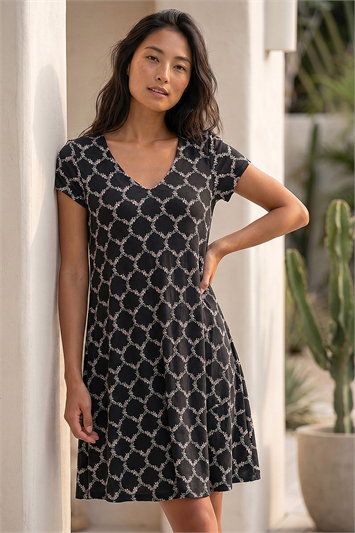 Black Petite Abstract Pocket Swing Dress